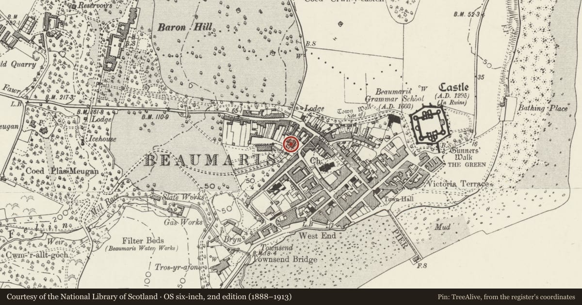 Ordnance Survey six-inch map, 2nd edition (1888–1913) covering the location of 10 Stanley Street, Beaumaris, Isle of Anglesey, with a pin at the register's coordinates