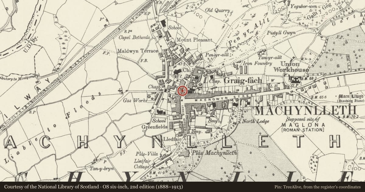 Ordnance Survey six-inch map, 2nd edition (1888–1913) covering the location of 11 Heol Penrallt, Machynlleth, Powys, with a pin at the register's coordinates