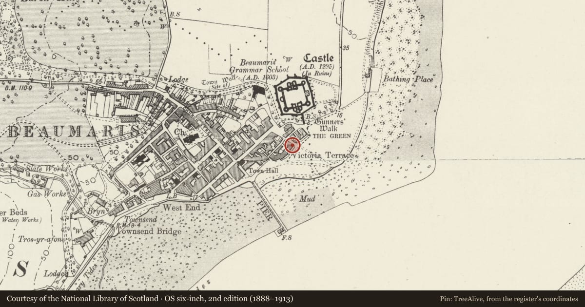 Ordnance Survey six-inch map, 2nd edition (1888–1913) covering the location of Victoria Terrace, Beaumaris, Isle of Anglesey, with a pin at the register's coordinates