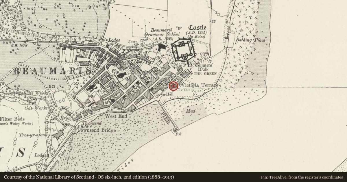 Ordnance Survey six-inch map, 2nd edition (1888–1913) covering the location of Victoria Terrace, Beaumaris, Isle of Anglesey, with a pin at the register's coordinates