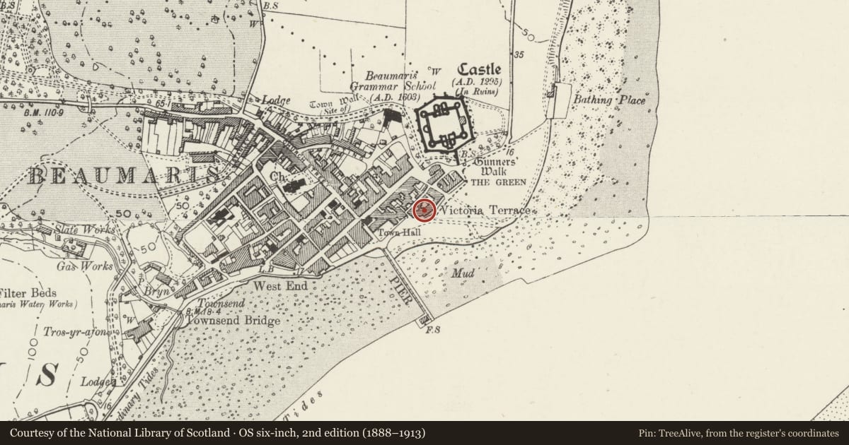 Ordnance Survey six-inch map, 2nd edition (1888–1913) covering the location of Victoria Terrace, Beaumaris, Isle of Anglesey, with a pin at the register's coordinates
