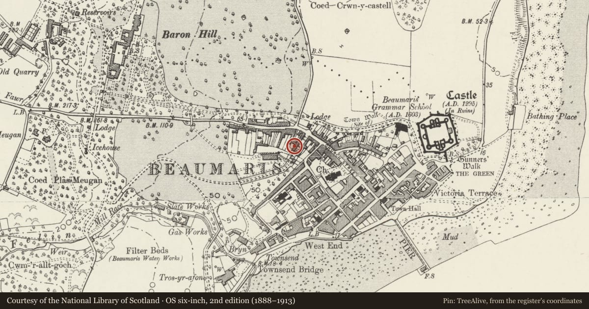 Ordnance Survey six-inch map, 2nd edition (1888–1913) covering the location of 15 Stanley Street, Beaumaris, Isle of Anglesey, with a pin at the register's coordinates