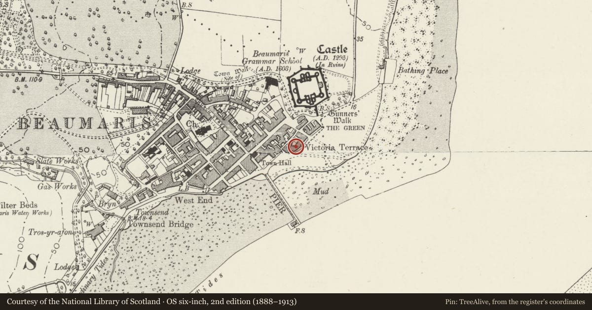 Ordnance Survey six-inch map, 2nd edition (1888–1913) covering the location of Victoria Terrace, Beaumaris, Isle of Anglesey, with a pin at the register's coordinates