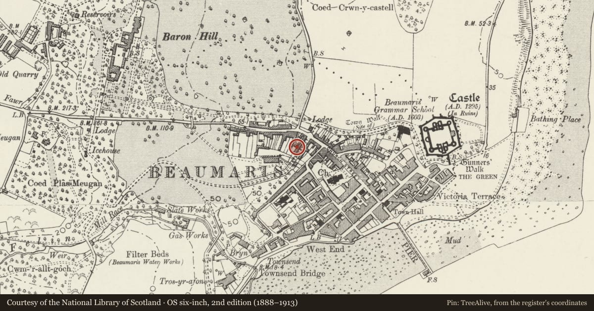 Ordnance Survey six-inch map, 2nd edition (1888–1913) covering the location of 16 Stanley Street, Beaumaris, Isle of Anglesey, with a pin at the register's coordinates