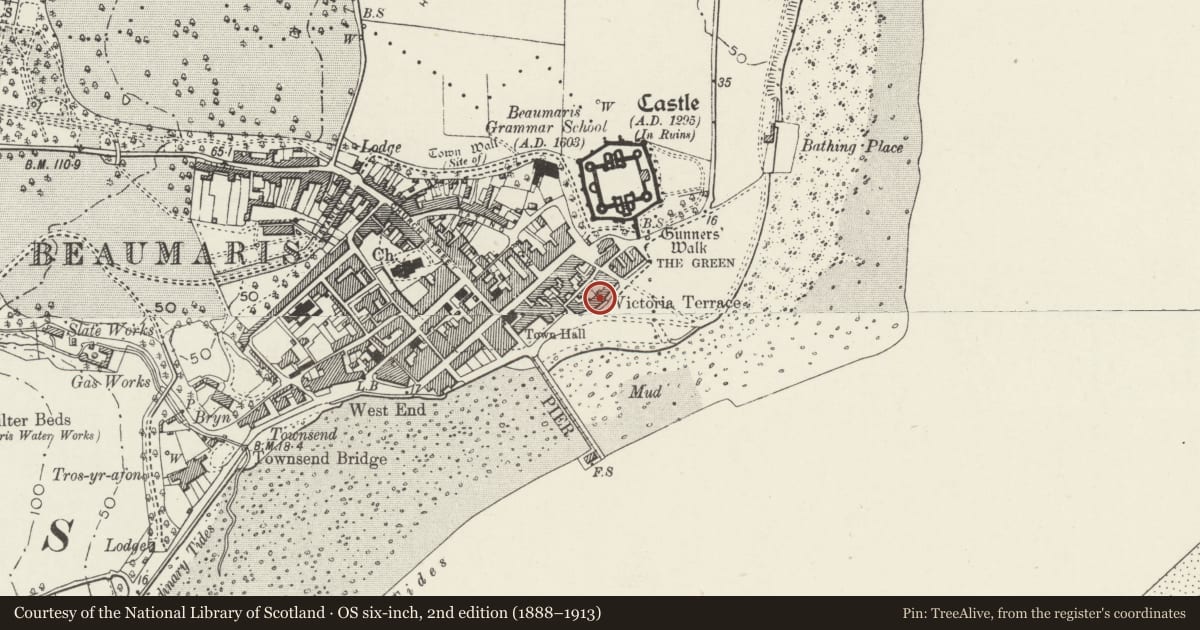 Ordnance Survey six-inch map, 2nd edition (1888–1913) covering the location of Victoria Terrace, Beaumaris, Isle of Anglesey, with a pin at the register's coordinates