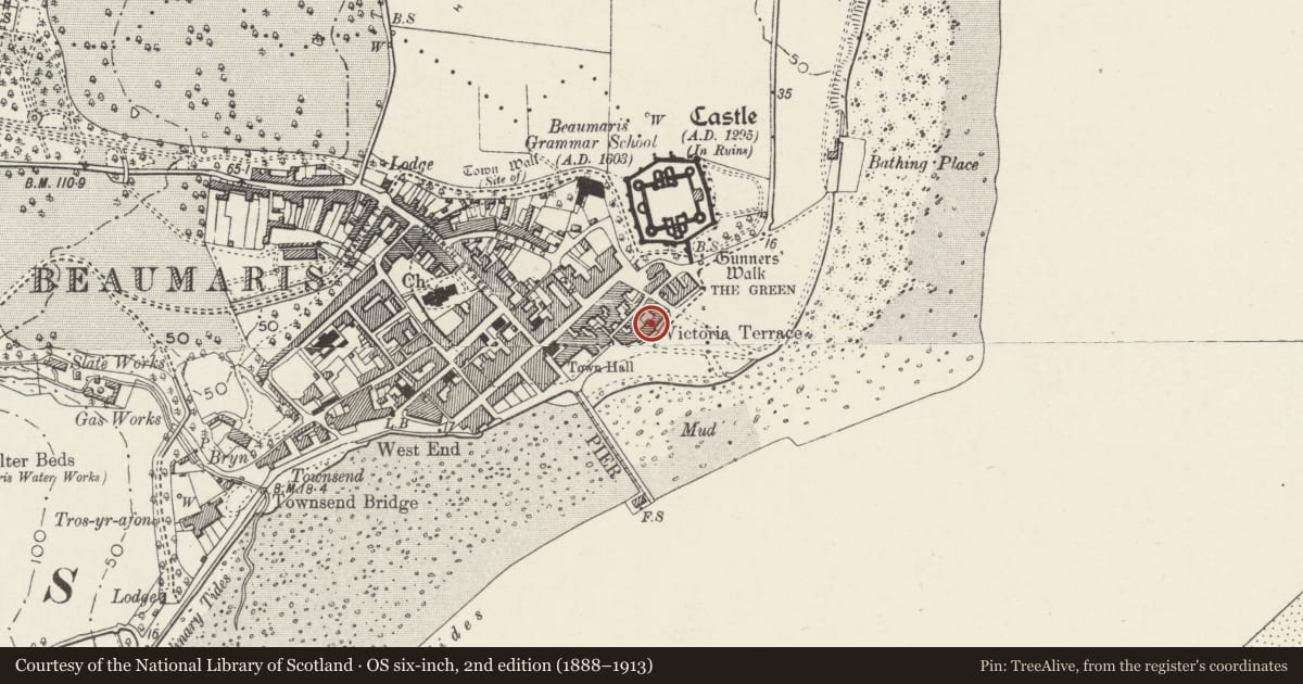 Ordnance Survey six-inch map, 2nd edition (1888–1913) covering the location of Victoria Terrace, Beaumaris, Isle of Anglesey, with a pin at the register's coordinates