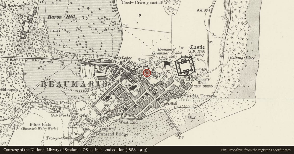 Ordnance Survey six-inch map, 2nd edition (1888–1913) covering the location of 18 Rating Row, Beaumaris, Isle of Anglesey, with a pin at the register's coordinates