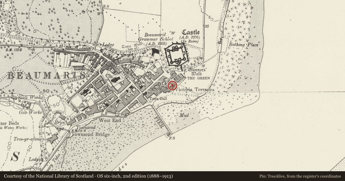 Ordnance Survey six-inch map, 2nd edition (1888–1913) covering the location of Victoria Terrace, Beaumaris, Isle of Anglesey, with a pin at the register's coordinates