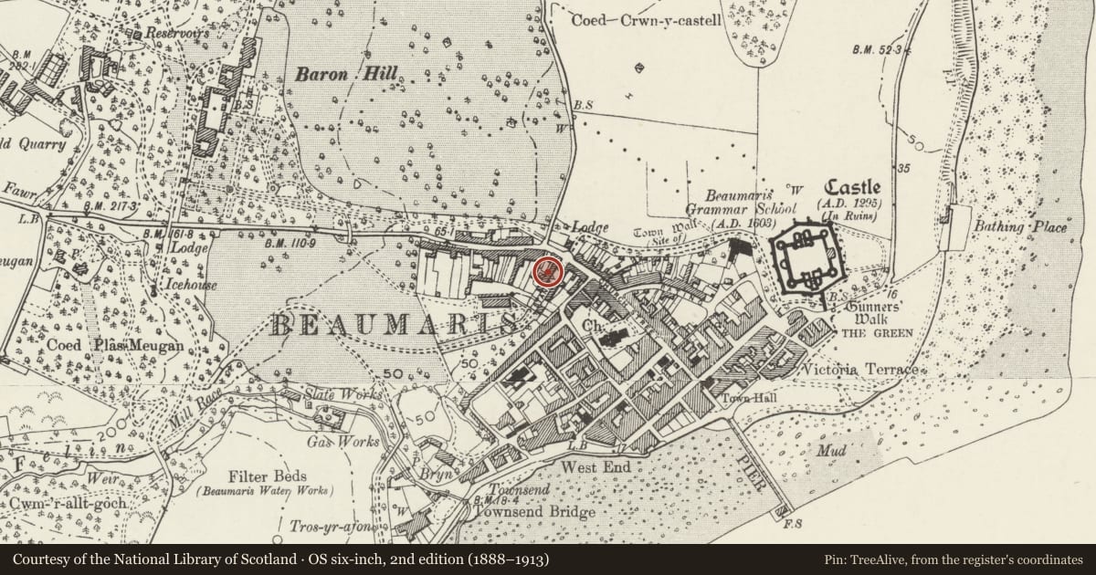 Ordnance Survey six-inch map, 2nd edition (1888–1913) covering the location of 19 Stanley Street, Beaumaris, Isle of Anglesey, with a pin at the register's coordinates