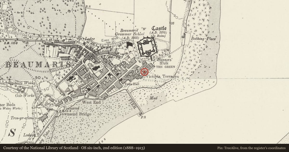 Ordnance Survey six-inch map, 2nd edition (1888–1913) covering the location of Victoria Terrace, Beaumaris, Isle of Anglesey, with a pin at the register's coordinates