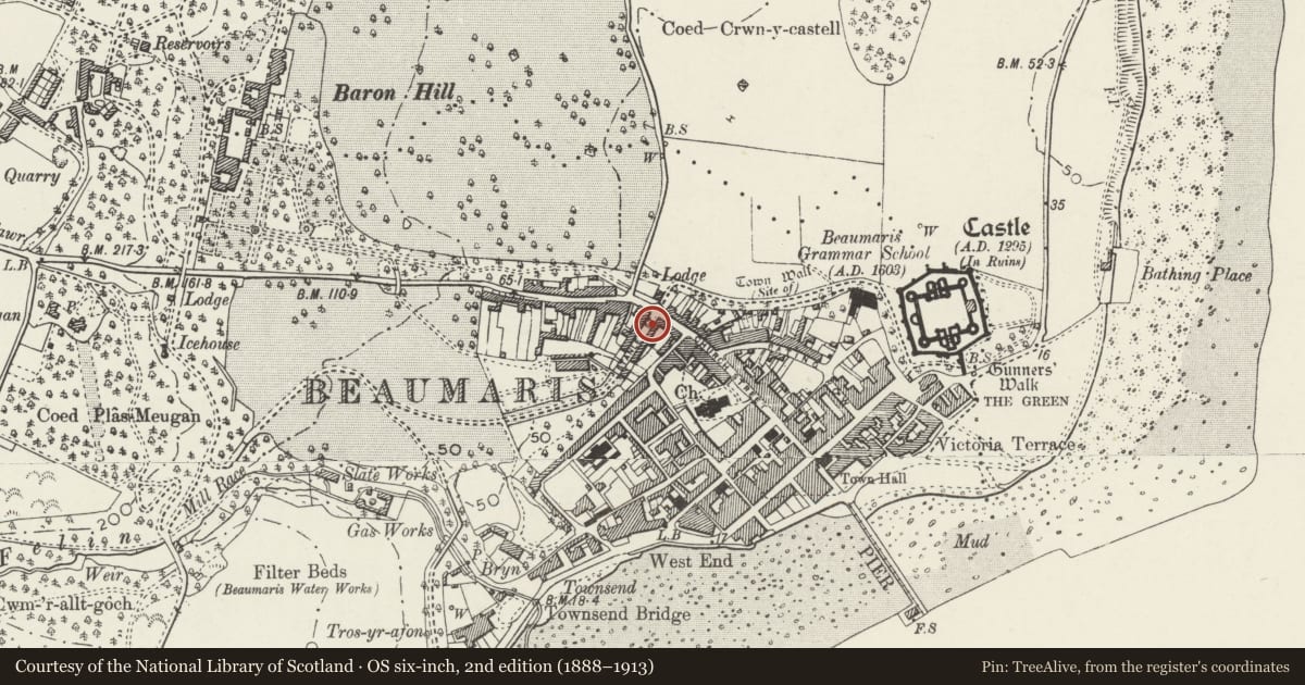 Ordnance Survey six-inch map, 2nd edition (1888–1913) covering the location of 2 Stanley Street, Beaumaris, Isle of Anglesey, with a pin at the register's coordinates