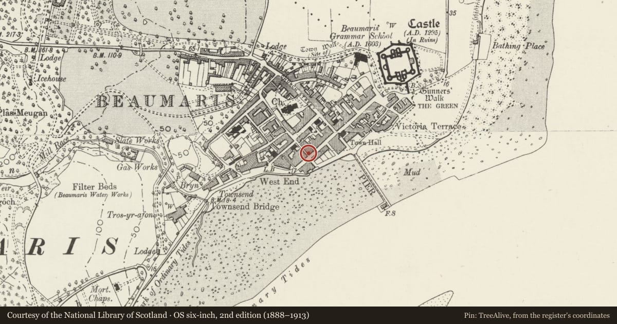 Ordnance Survey six-inch map, 2nd edition (1888–1913) covering the location of 2 Steeple Lane (52a Castle St), Beaumaris, Isle of Anglesey, with a pin at the register's coordinates