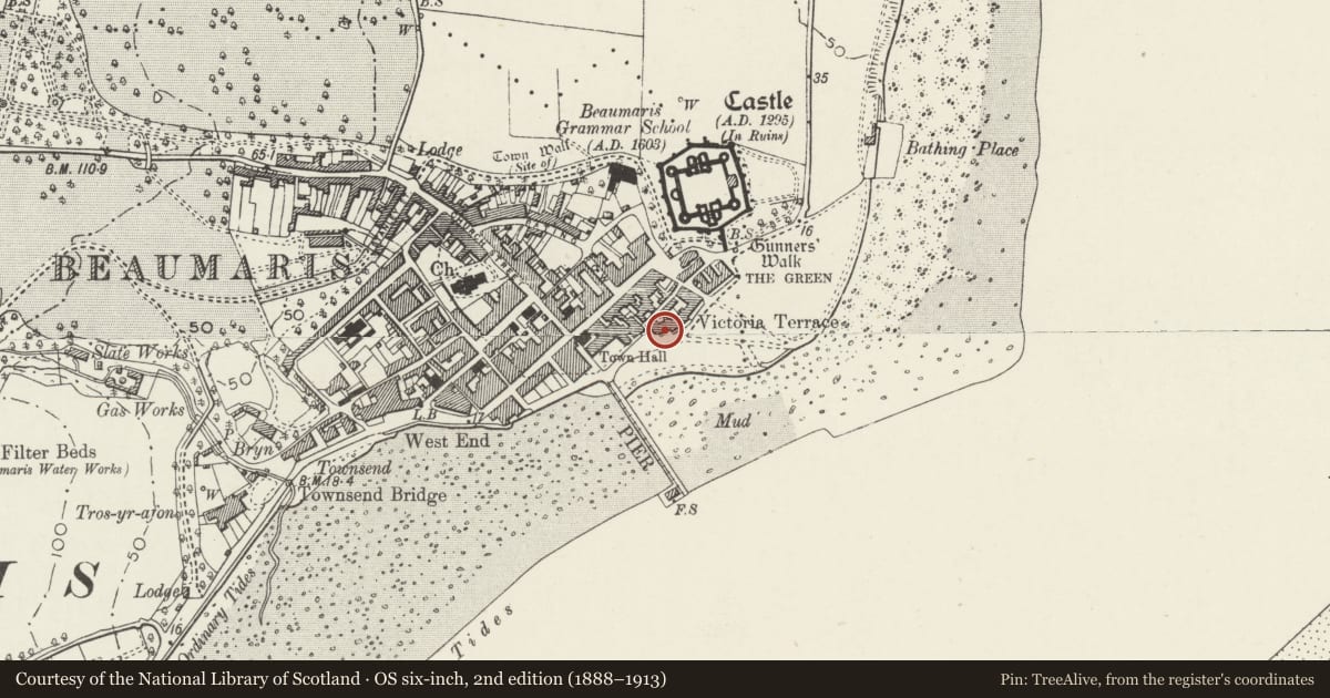 Ordnance Survey six-inch map, 2nd edition (1888–1913) covering the location of Victoria Terrace, Beaumaris, Isle of Anglesey, with a pin at the register's coordinates