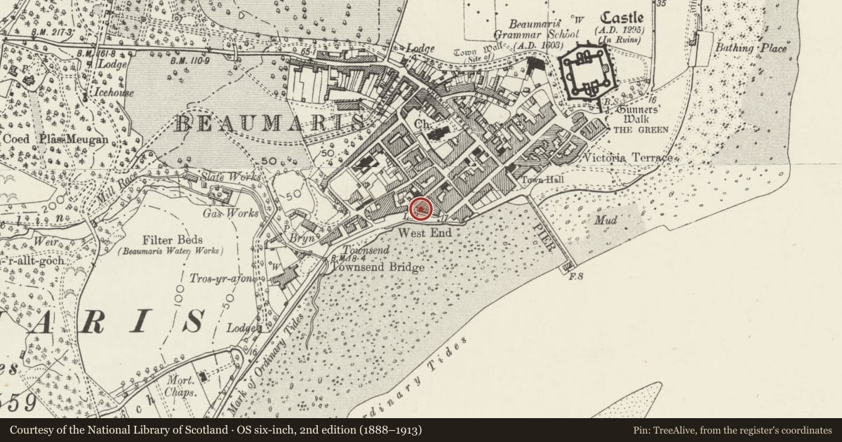Ordnance Survey six-inch map, 2nd edition (1888–1913) covering the location of 2 The West End, Beaumaris, Isle of Anglesey, with a pin at the register's coordinates