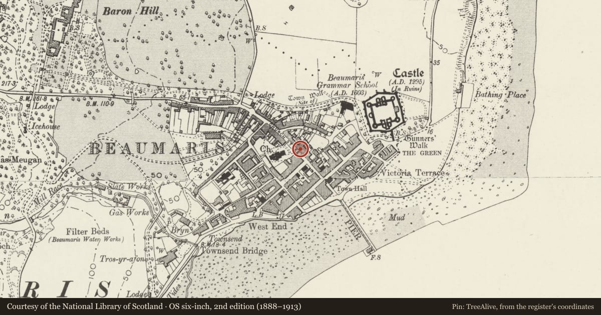 Ordnance Survey six-inch map, 2nd edition (1888–1913) covering the location of House and Revival Hair Design, Beaumaris, Isle of Anglesey, with a pin at the register's coordinates
