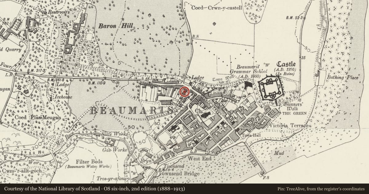 Ordnance Survey six-inch map, 2nd edition (1888–1913) covering the location of 20 Stanley Street, Beaumaris, Isle of Anglesey, with a pin at the register's coordinates