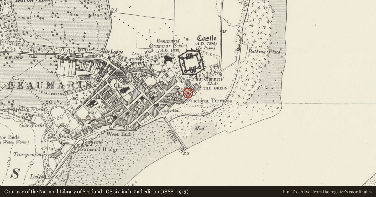 Ordnance Survey six-inch map, 2nd edition (1888–1913) covering the location of Victoria Terrace, Beaumaris, Isle of Anglesey, with a pin at the register's coordinates