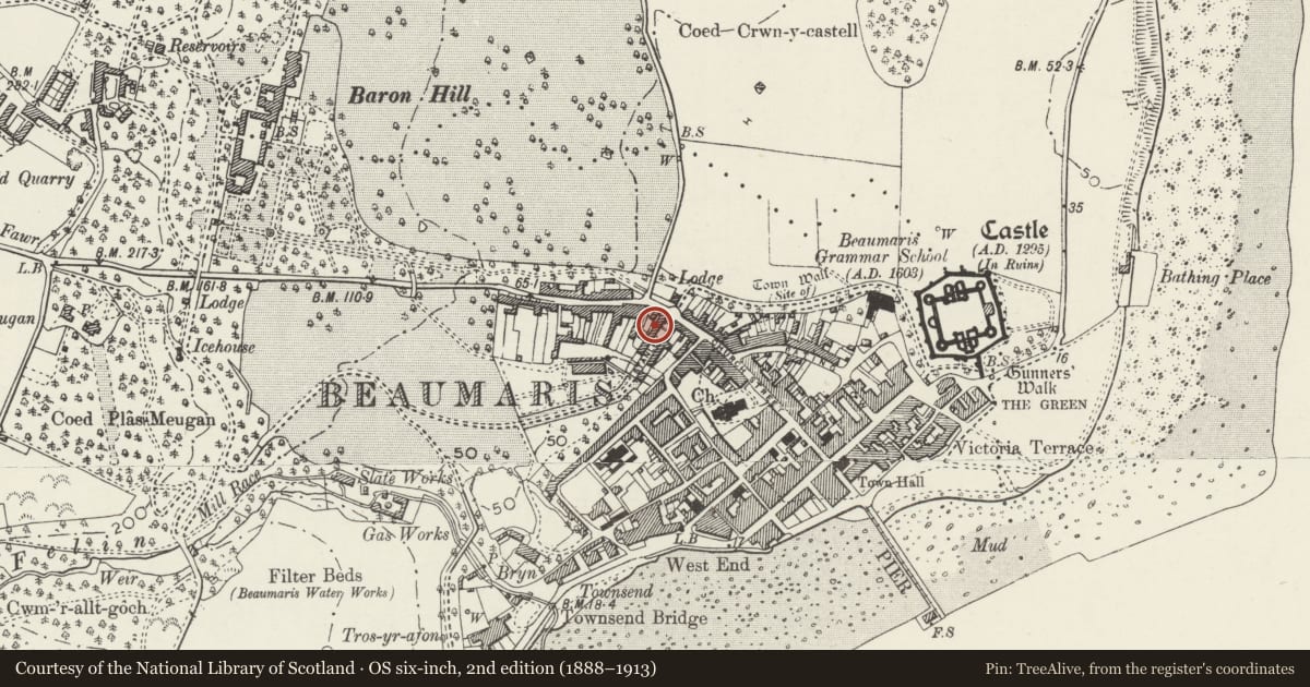 Ordnance Survey six-inch map, 2nd edition (1888–1913) covering the location of 21 Stanley Street, Beaumaris, Isle of Anglesey, with a pin at the register's coordinates