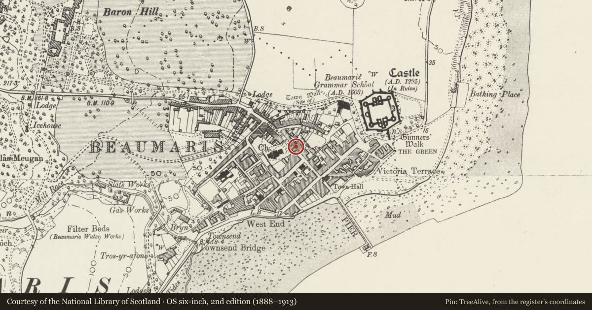 Ordnance Survey six-inch map, 2nd edition (1888–1913) covering the location of House and Mortgage Buyers Advice Centre, Beaumaris, Isle of Anglesey, with a pin at the register's coordinates