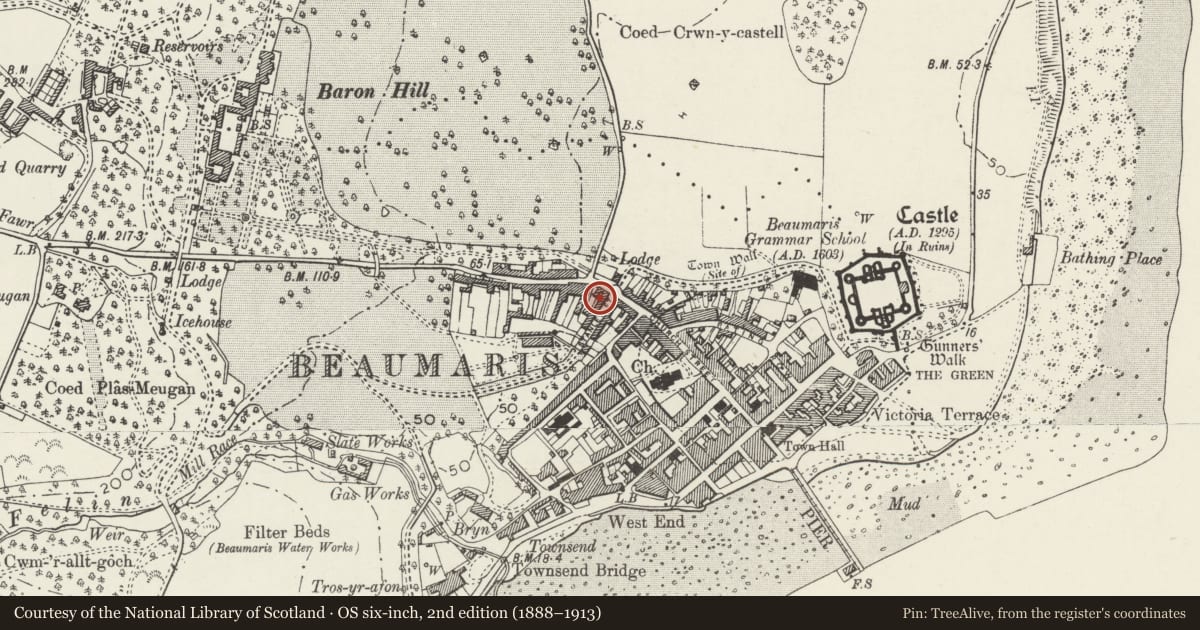 Ordnance Survey six-inch map, 2nd edition (1888–1913) covering the location of 22 Stanley Street, Beaumaris, Isle of Anglesey, with a pin at the register's coordinates