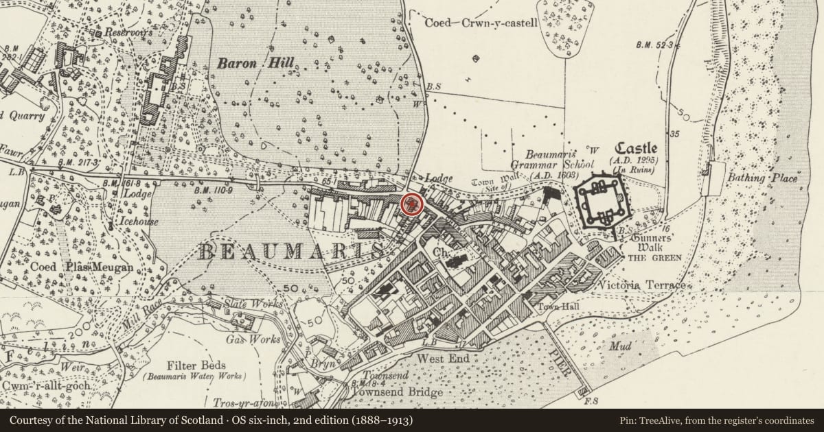 Ordnance Survey six-inch map, 2nd edition (1888–1913) covering the location of 23 Stanley Street, Beaumaris, Isle of Anglesey, with a pin at the register's coordinates