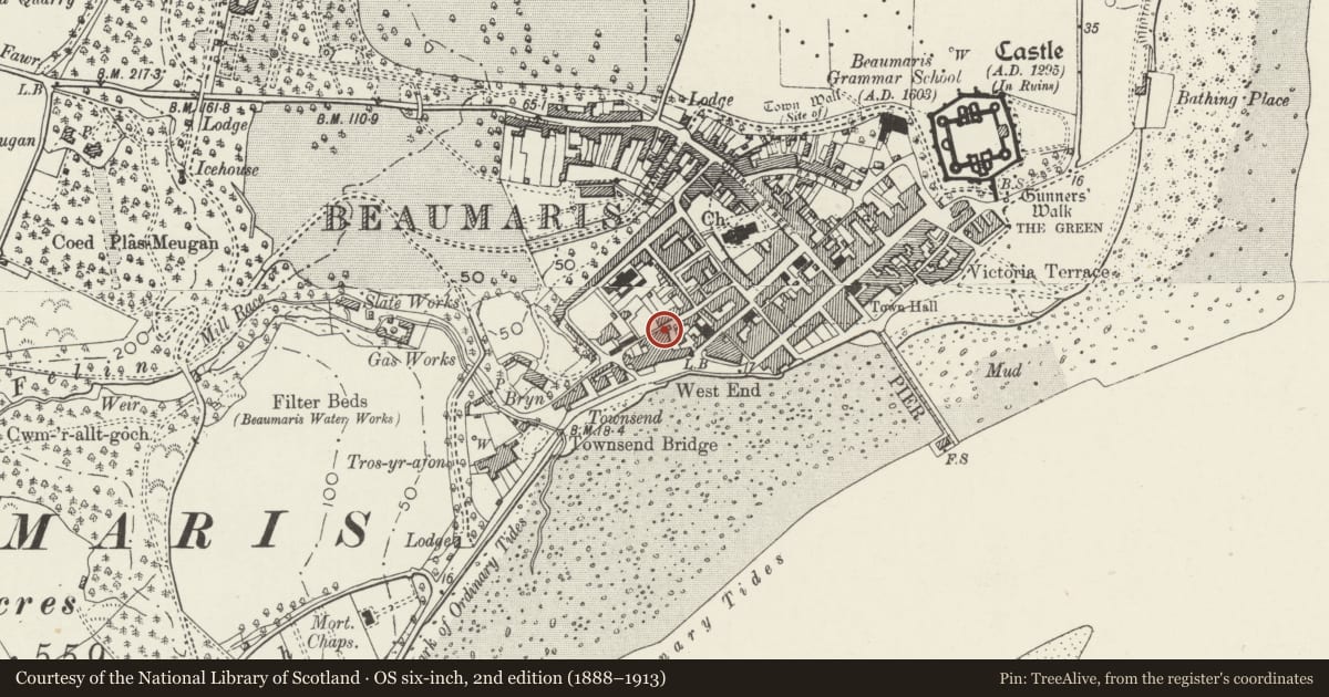 Ordnance Survey six-inch map, 2nd edition (1888–1913) covering the location of 27 Rosemary Lane, Beaumaris, Isle of Anglesey, with a pin at the register's coordinates