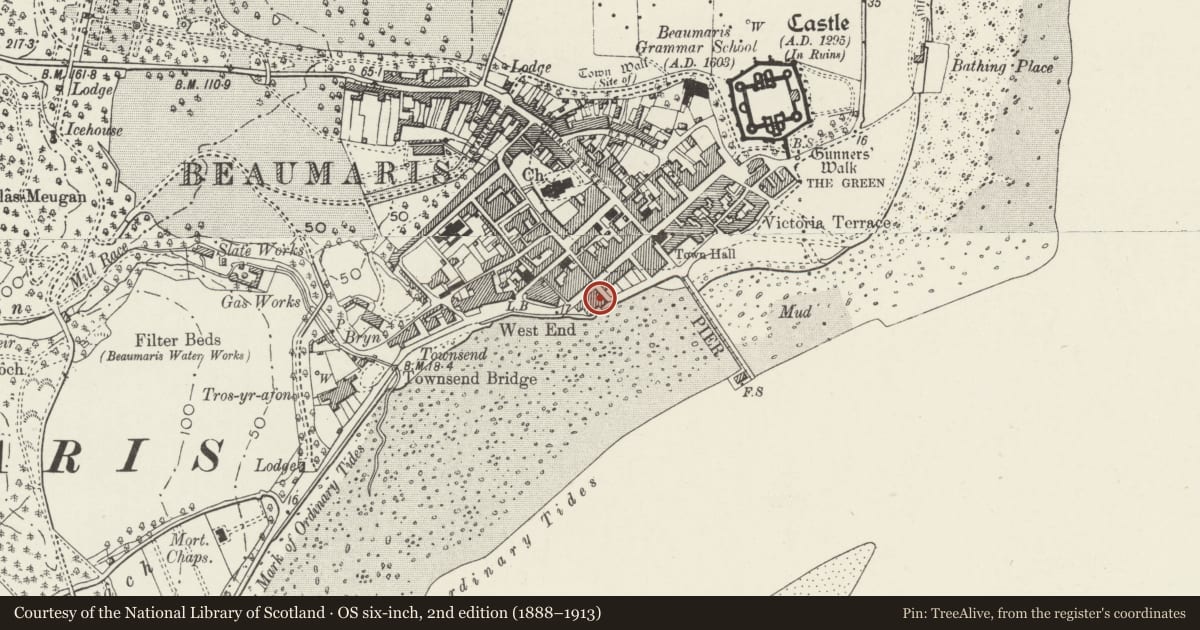 Ordnance Survey six-inch map, 2nd edition (1888–1913) covering the location of 3 Alma Street, Beaumaris, Isle of Anglesey, with a pin at the register's coordinates