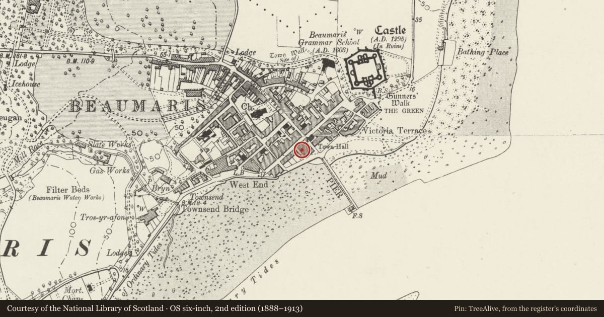Ordnance Survey six-inch map, 2nd edition (1888–1913) covering the location of 3 Raglan Street, Beaumaris, Isle of Anglesey, with a pin at the register's coordinates