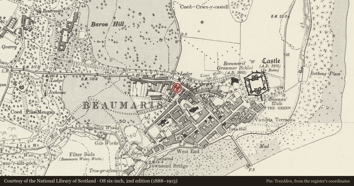 Ordnance Survey six-inch map, 2nd edition (1888–1913) covering the location of 3 Stanley Street, Beaumaris, Isle of Anglesey, with a pin at the register's coordinates