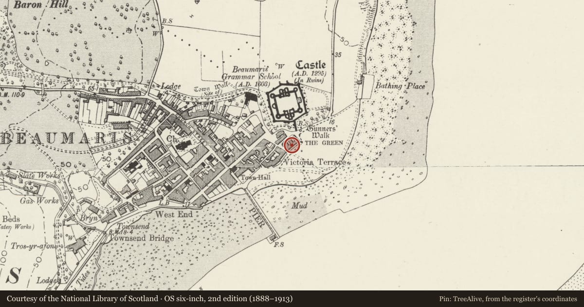Ordnance Survey six-inch map, 2nd edition (1888–1913) covering the location of Green Edge, Beaumaris, Isle of Anglesey, with a pin at the register's coordinates