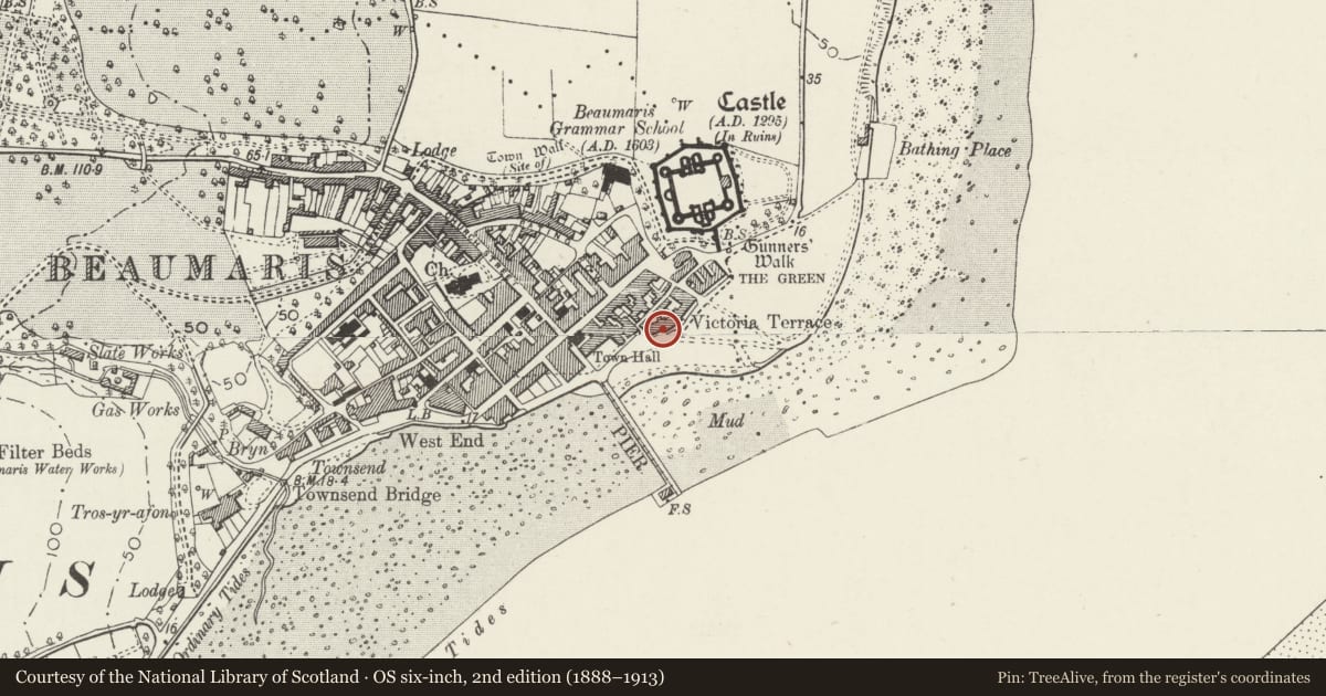 Ordnance Survey six-inch map, 2nd edition (1888–1913) covering the location of 3 Victoria Terrace, Beaumaris, Isle of Anglesey, with a pin at the register's coordinates