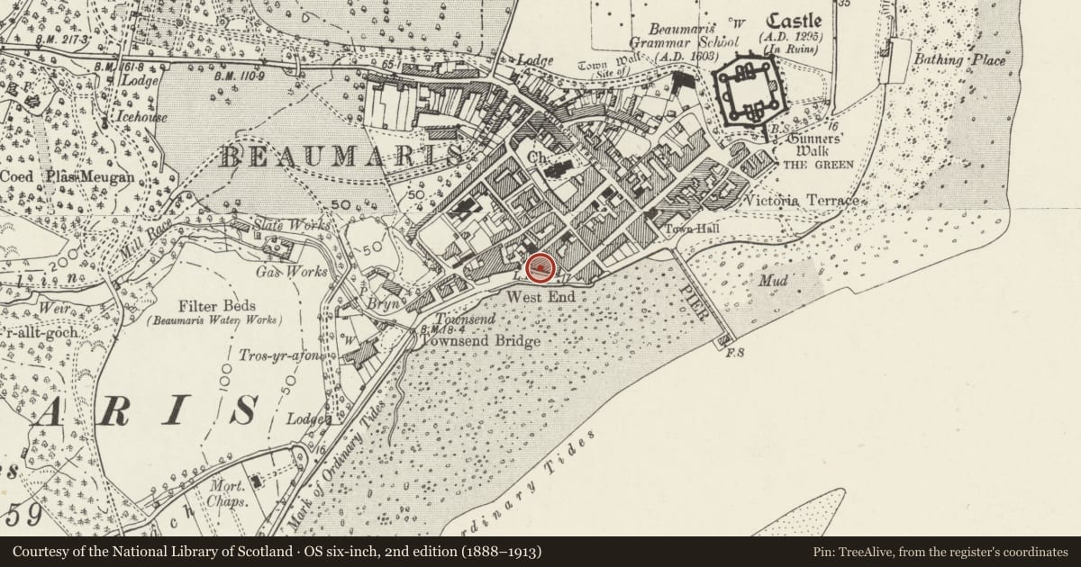 Ordnance Survey six-inch map, 2nd edition (1888–1913) covering the location of 3 The West End, Beaumaris, Isle of Anglesey, with a pin at the register's coordinates
