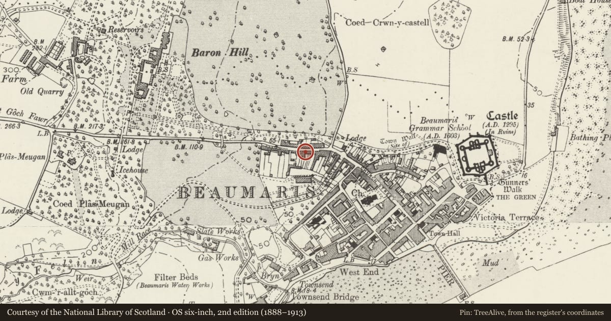 Ordnance Survey six-inch map, 2nd edition (1888–1913) covering the location of 33 Wexham Street, Beaumaris, Isle of Anglesey, with a pin at the register's coordinates