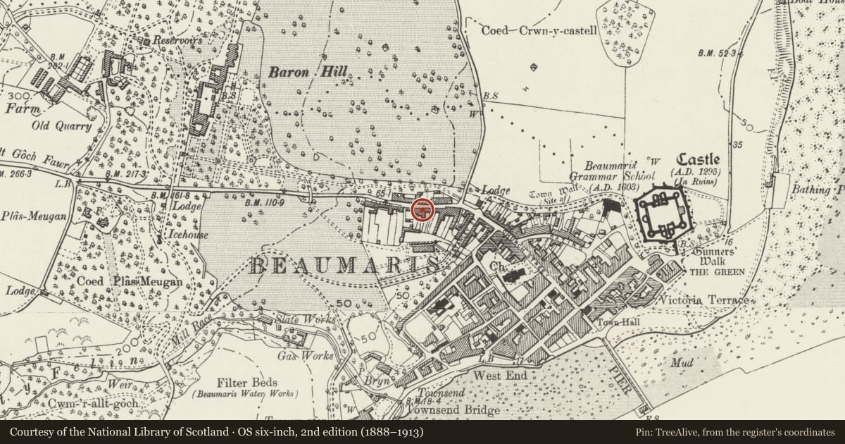 Ordnance Survey six-inch map, 2nd edition (1888–1913) covering the location of 35 Wexham Street, Beaumaris, Isle of Anglesey, with a pin at the register's coordinates