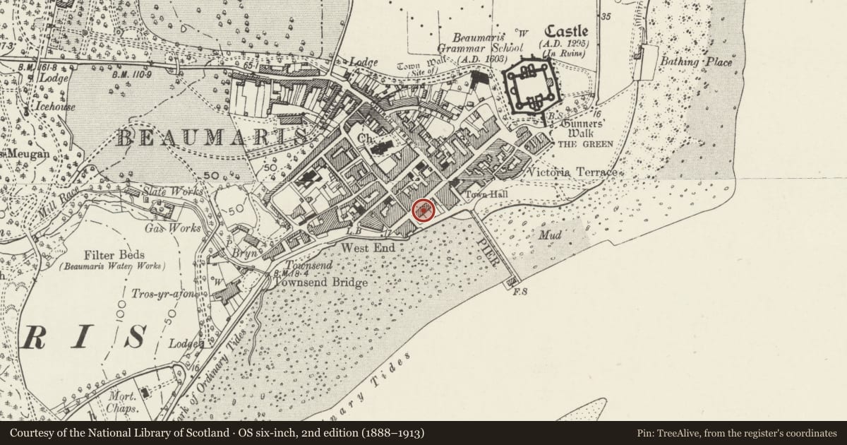 Ordnance Survey six-inch map, 2nd edition (1888–1913) covering the location of 4 Bulkeley Terrace, Beaumaris, Isle of Anglesey, with a pin at the register's coordinates