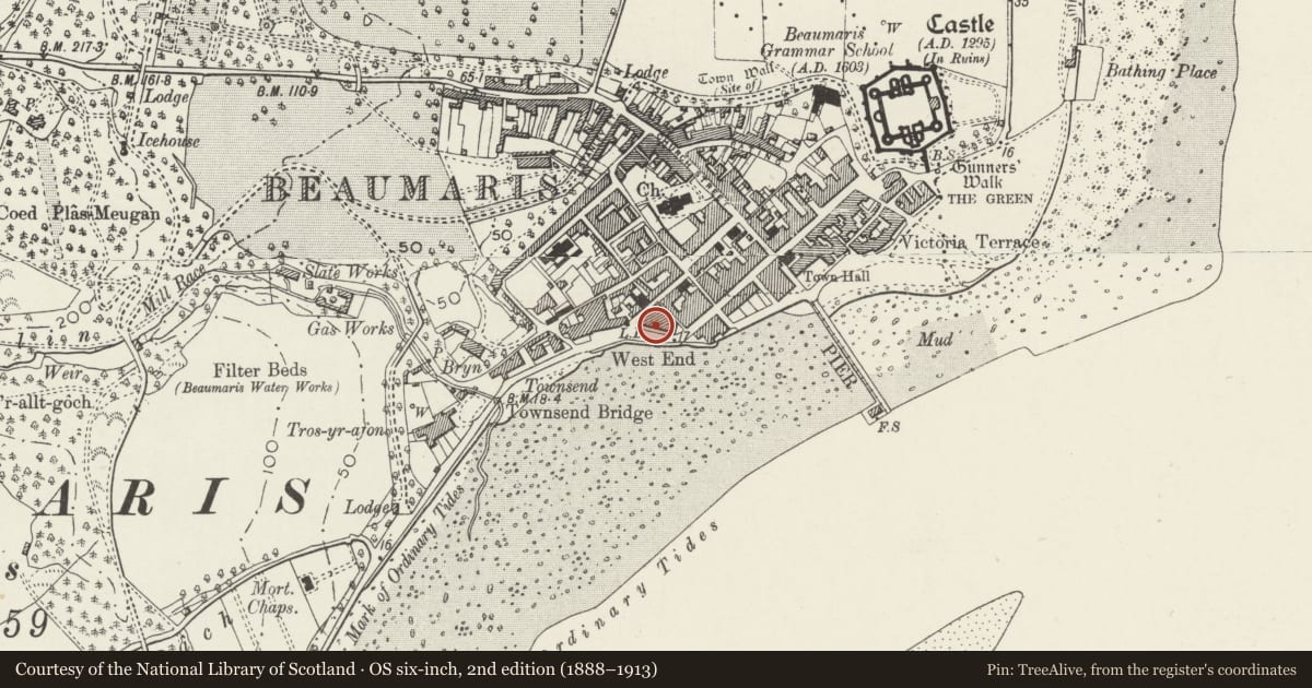Ordnance Survey six-inch map, 2nd edition (1888–1913) covering the location of 4 The West End, Beaumaris, Isle of Anglesey, with a pin at the register's coordinates