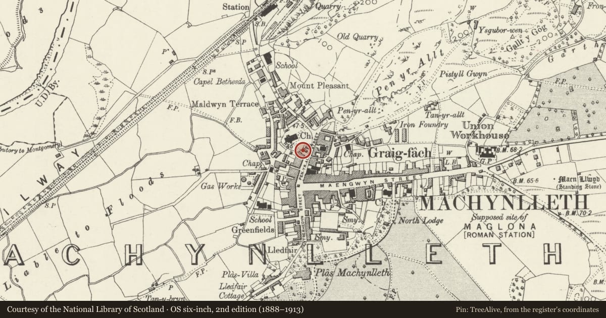 Ordnance Survey six-inch map, 2nd edition (1888–1913) covering the location of Accommodation to hearse-house, Machynlleth, Powys, with a pin at the register's coordinates