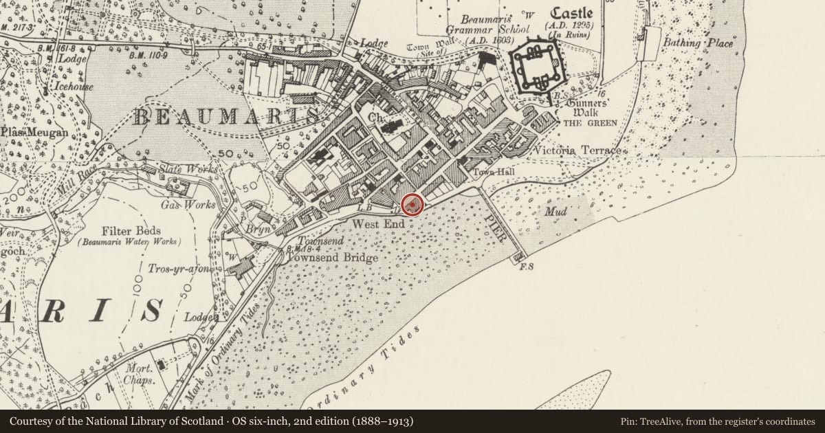 Ordnance Survey six-inch map, 2nd edition (1888–1913) covering the location of Craig Hyfryd, Beaumaris, Isle of Anglesey, with a pin at the register's coordinates