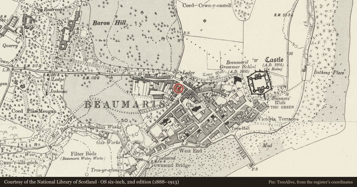 Ordnance Survey six-inch map, 2nd edition (1888–1913) covering the location of 5 Stanley Street, Beaumaris, Isle of Anglesey, with a pin at the register's coordinates
