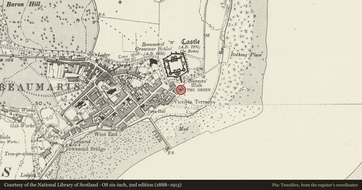 Ordnance Survey six-inch map, 2nd edition (1888–1913) covering the location of Green Edge, Beaumaris, Isle of Anglesey, with a pin at the register's coordinates