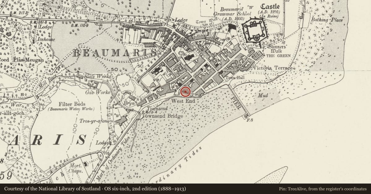 Ordnance Survey six-inch map, 2nd edition (1888–1913) covering the location of 5 The West End, Beaumaris, Isle of Anglesey, with a pin at the register's coordinates