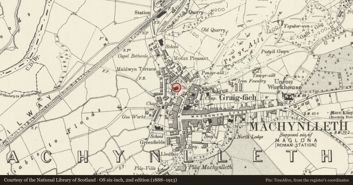 Ordnance Survey six-inch map, 2nd edition (1888–1913) covering the location of Parish Church of St Peter, Machynlleth, Powys, with a pin at the register's coordinates