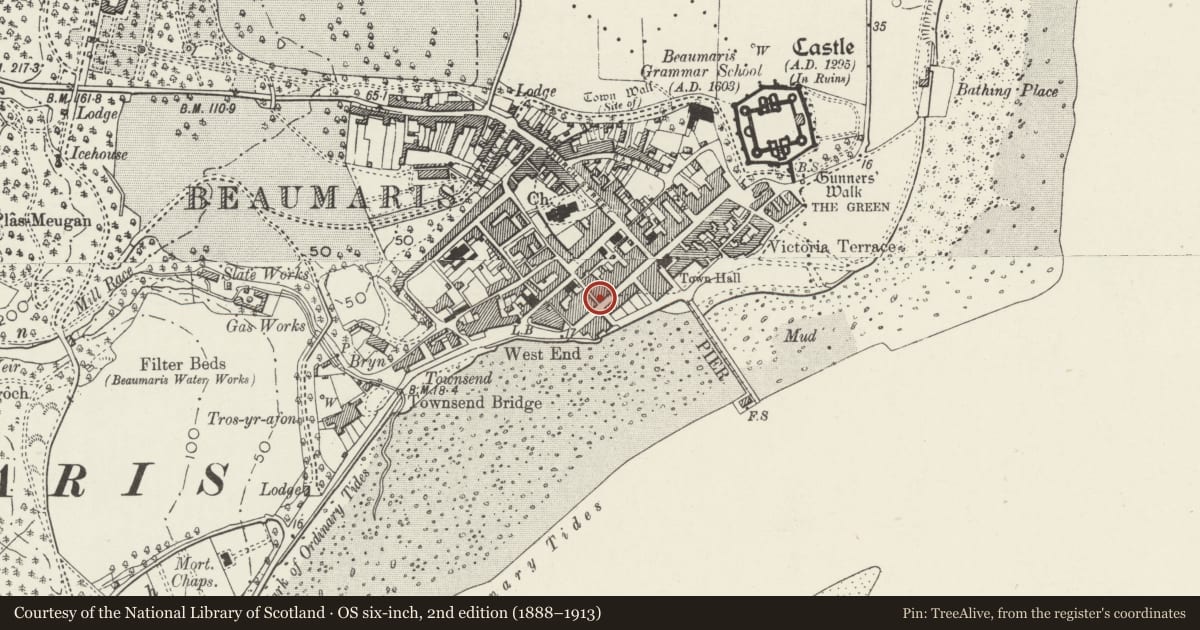 Ordnance Survey six-inch map, 2nd edition (1888–1913) covering the location of 52 Castle Street, Beaumaris, Isle of Anglesey, with a pin at the register's coordinates