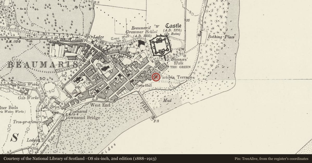Ordnance Survey six-inch map, 2nd edition (1888–1913) covering the location of Victoria Terrace, Beaumaris, Isle of Anglesey, with a pin at the register's coordinates
