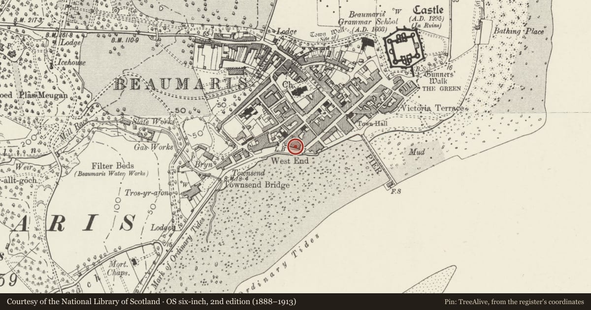 Ordnance Survey six-inch map, 2nd edition (1888–1913) covering the location of 6 The West End, Beaumaris, Isle of Anglesey, with a pin at the register's coordinates