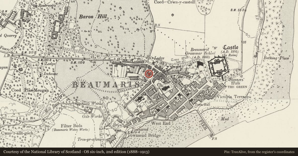 Ordnance Survey six-inch map, 2nd edition (1888–1913) covering the location of 7 Stanley Street, Beaumaris, Isle of Anglesey, with a pin at the register's coordinates
