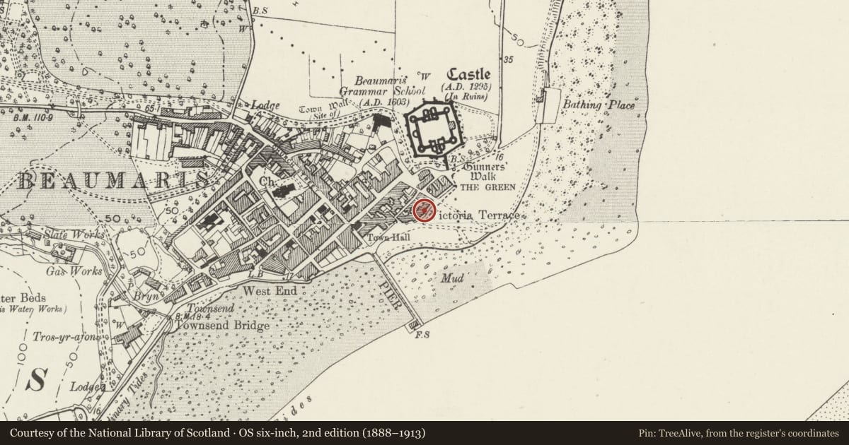 Ordnance Survey six-inch map, 2nd edition (1888–1913) covering the location of Victoria Terrace, Beaumaris, Isle of Anglesey, with a pin at the register's coordinates