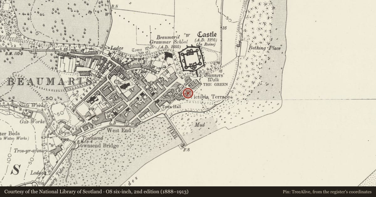 Ordnance Survey six-inch map, 2nd edition (1888–1913) covering the location of Victoria Terrace, Beaumaris, Isle of Anglesey, with a pin at the register's coordinates