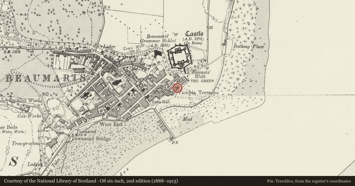 Ordnance Survey six-inch map, 2nd edition (1888–1913) covering the location of Victoria Terrace, Beaumaris, Isle of Anglesey, with a pin at the register's coordinates