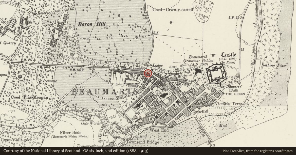 Ordnance Survey six-inch map, 2nd edition (1888–1913) covering the location of 9 Wexham Street, Beaumaris, Isle of Anglesey, with a pin at the register's coordinates
